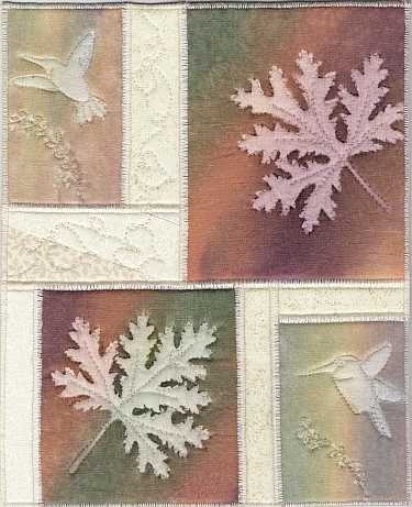 Fall Scented Geraniums with Hummingbirds sunprint 8x10 Mini Art Quilt, Sue Andrus Gardens